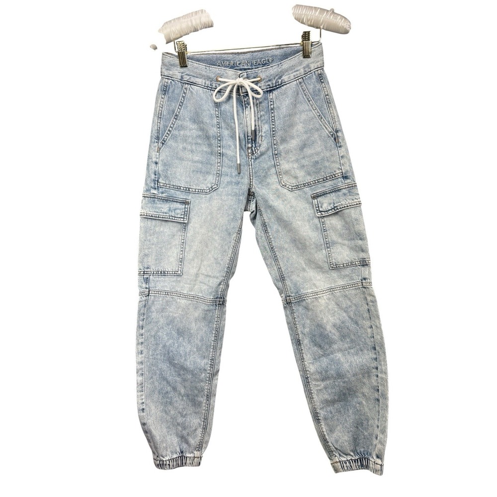 American Eagle Cargo Jogger Size 0 Light Wash Drawstring Y2K Utility